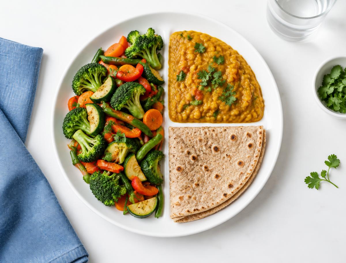 A balanced Indian plate with vegetables, dal, and whole-grain roti