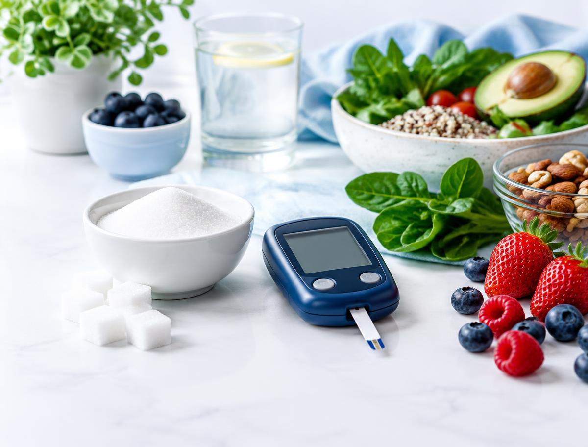 A glucose meter beside sugar and nutritious foods