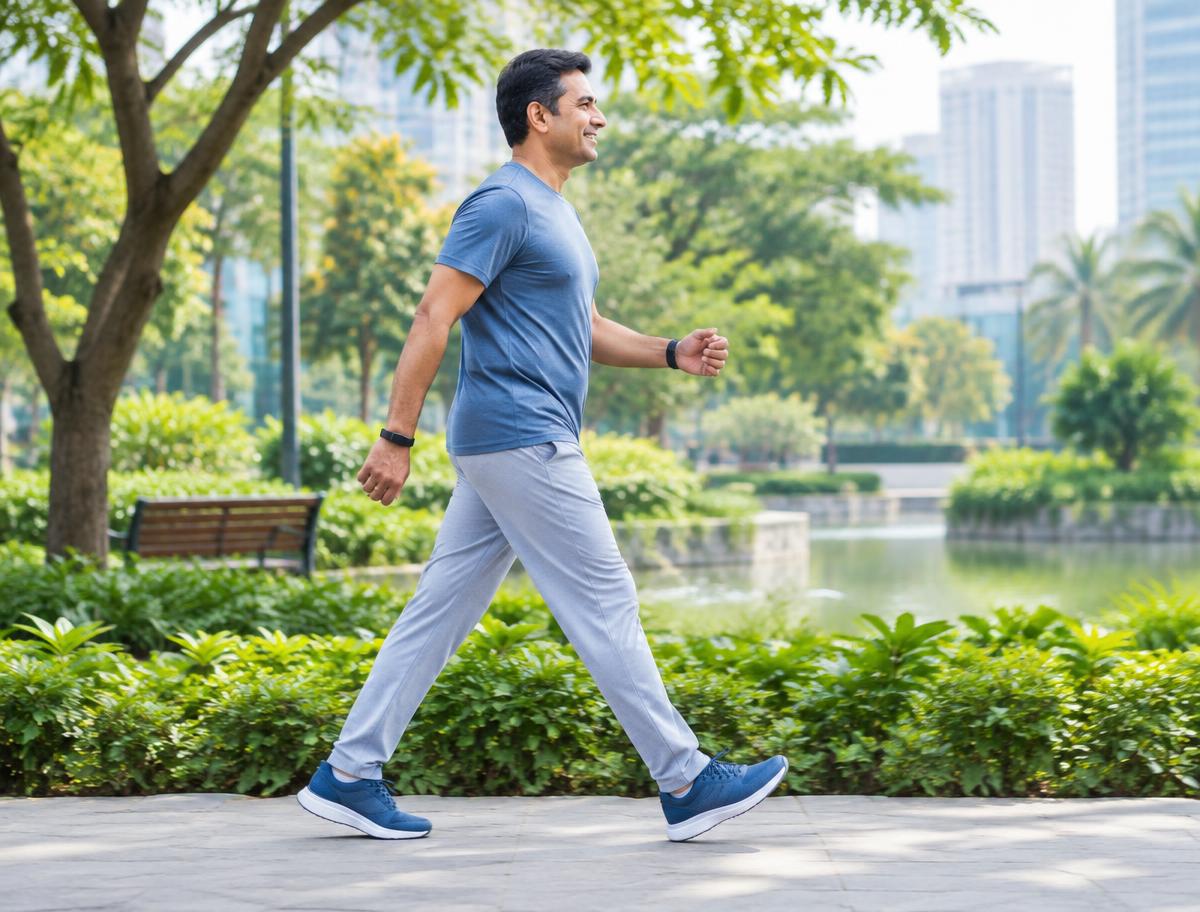A man taking a brisk walk in a green city park